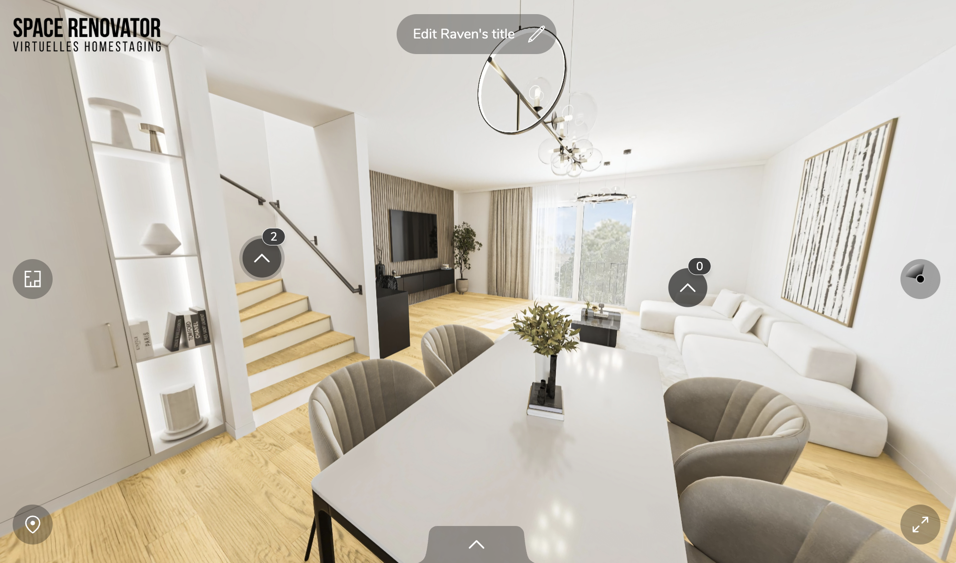 Interaktiver 360-Grad-Rundgang durch eine virtuell gestagte Immobilie. Die Benutzeroberfläche der 3D-Visualisierung zeigt einen hellen, modern eingerichteten offenen Wohn- und Essbereich. Im Vordergrund ein stilvoller Esstisch mit grauen Stühlen und einer auffälligen Ring-Pendelleuchte. Links ein beleuchtetes Einbauregal und ein Treppenaufgang. Im Hintergrund befindet sich ein gemütlicher Wohnbereich mit weißem Sofa und großen Fensterfronten. Ein innovatives Tool für die digitale Immobilienvermarktung.